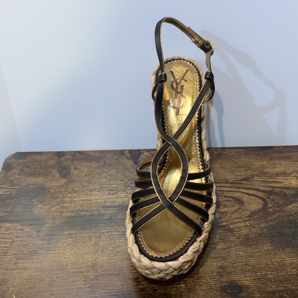 YSL platform wedge sandal black braided straw metallic gold - Picture 2 of 15